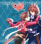  argyle argyle_background belt blue_background brown_eyes brown_hair copyright_name gloves holding_hands kirisaki_kairi kratos_aurion lloyd_irving md5_mismatch multiple_boys pants red_hair smile sword tales_of_(series) tales_of_symphonia weapon 