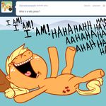  applejack_(mlp) ask_jappleack blonde_hair english_text equine female feral friendship_is_magic hair hat horse hotdiggedydemon laugh lying mammal my_little_pony pony tail text tongue tumblr 