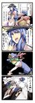  4koma alice_margatroid anger_vein blonde_hair blood blue_eyes blue_hair comic food fruit green_hair hairband hat highres hinanawi_tenshi long_hair masochism multiple_girls onozuka_komachi peach red_hair rod_of_remorse shiki_eiki short_hair tenko_(gintenko) thighhighs touhou translated 