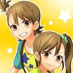  blush brown_eyes brown_hair flipped_hair futami_ami futami_mami grin idolmaster idolmaster_(classic) michigan multiple_girls scrunchie short_hair siblings side_ponytail sisters smile star twins 