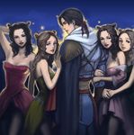  3459ym 4girls assassin's_creed_(series) assassin's_creed_ii black_hair breasts brown_eyes brown_hair cape cleavage dress ezio_auditore_da_firenze long_hair looking_back medium_breasts multiple_girls pimp ponytail prostitution smile 