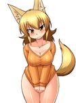  animal_ears blonde_hair blush bottomless breasts cleavage collarbone fox_ears fox_tail hips large_breasts long_hair long_sleeves naked_sweater no_pants nokoppa orange_shirt original shirt shirt_tug simple_background smile solo sweater tail tsurime wide_hips yellow_eyes 