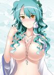  arm_up bad_id bad_pixiv_id blush breasts collarbone colored_eyelashes curly_hair detached_sleeves frog gisyo green_hair hair_ornament hair_tubes hair_twirling huge_breasts jewelry kochiya_sanae long_hair looking_at_viewer necklace no_nipples nude seigaiha smile snake solo touhou upper_body wavy_hair yellow_eyes 
