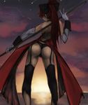  ass bare_shoulders black_legwear black_panties bow choker cloud cloudy_sky corset elbow_gloves facing_away from_behind garter_straps gloves hair_bow highres lance legs magical_girl mahou_shoujo_madoka_magica panties polearm ponytail red_hair riftgarret sakura_kyouko showgirl_skirt sky solo sunset thighhighs thong underwear v weapon white_gloves 