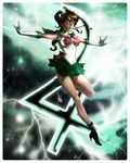  \m/ back_bow bishoujo_senshi_sailor_moon boots bow brown_hair choker earrings gloves green green_background green_eyes green_footwear green_sailor_collar green_skirt high_heels jewelry jupiter_symbol kino_makoto lightning magical_girl natepes pink_bow pleated_skirt ponytail sailor_collar sailor_jupiter sailor_senshi_uniform shoes skirt solo tiara white_gloves 