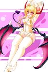  blonde_hair blush breasts buns choker cleavage collar corset demon demon_girl double_bun fangs garter_straps garters gloves highres horns legwear lingerie monster_girl panties ray83222 red_eyes ribbon stockings tail thighhighs underwear wings 