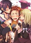  2boys :o alvin_(tales) black_hair blonde_hair blush brown_eyes brown_hair coat cravat creature elize_lutus gloves imminent_kiss jude_mathis mike531 multiple_boys open_mouth surprised tales_of_(series) tales_of_xillia teepo_(tales) white_background 