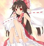  arms_up ass black_hair bow breasts collarbone convenient_leg detached_sleeves haguruma hair_bow hakurei_reimu highres looking_at_viewer no_panties open_mouth red_eyes sideboob small_breasts smile socks solo teeth touhou wide_sleeves 