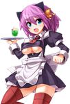 animal_ears apron areola_slip areolae artist_request breasts cat_ears copyright_request covered_nipples hair_ornament hair_ribbon medium_breasts multicolored multicolored_eyes necktie no_bra open_mouth purple_hair red_legwear ribbon solo source_request thighhighs tray underboob waitress 