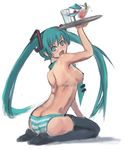  aqua_eyes aqua_hair back black_legwear blush breasts butt_crack drink hatsune_miku long_hair martini medium_breasts necktie nipples no_shoes panties riftgarret seiza sitting solo striped striped_panties thighhighs topless tray twintails underwear underwear_only vocaloid 