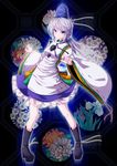  absurdres blue_eyes boots dress flower grey_hair hat high_heels highres japanese_clothes long_hair mononobe_no_futo nikka_(cryptomeria) ponytail ribbon shoes silver_hair smile solo tate_eboshi touhou 