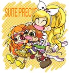  2girls :o ^_^ blonde_hair boots brooch brother_and_sister brown_eyes brown_hair chibi closed_eyes copyright_name cure_muse_(yellow) cure_rhythm dress hairband happy jewelry long_hair magical_girl minamino_kanade minamino_souta monono_(1436470) multiple_girls musical_note open_mouth orange_background orange_hair pants precure red_eyes shirabe_ako shirt shoes siblings suite_precure symbol-shaped_pupils treble_clef yellow_dress 