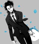  ahoge bad_id bad_pixiv_id black_hair blue_flower blue_rose bouquet dutch_angle fate/zero fate_(series) flower formal kai28 lancer_(fate/zero) male_focus mole mole_under_eye necktie rose solo suit yellow_eyes 