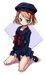  between_legs blue_eyes brown_hair cardfight!!_vanguard hand_between_legs hat highres hikage_eiji kneeling school_uniform sendou_emi short_hair sitting sketch smile solo wariza 