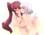  ass bare_shoulders blue_eyes blush bow bow_panties bra couple eye_contact flat_chest glasses grey_hair hands_clasped ikeda_chitose lingerie long_hair looking_at_another multiple_girls off_shoulder open_mouth own_hands_together panties ponytail purple_eyes purple_hair shin_(new) short_hair sidelocks strap_slip sugiura_ayano underwear underwear_only very_long_hair wavy_mouth yuri yuru_yuri 