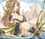  bare_shoulders breasts cleavage fang green_plesioth highres large_breasts monster_girl monster_hunter mountain open_mouth personification sitting solo toned umitsuki water 