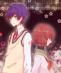  1girl blue_hair brown_eyes brown_hair green_eyes mawaru_penguindrum necktie oginome_ringo raki_(kuroe) school_uniform serafuku short_hair takakura_shouma vest 