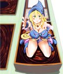  blush breasts card cards cleavage dark_magician_girl duel_monster hat highres smile staff weapon yu-gi-oh! yuu-gi-ou_duel_monsters 