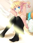  :o ahoge bed black_legwear blonde_hair blue_eyes blush censored convenient_censoring esia_mariveninne hand_in_hair komone_ushio lens_flare long_legs looking_at_viewer open_mouth original pantyhose pillow sitting skirt solo sunlight twintails wind 