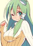  9law breasts casual frog green_eyes green_hair hair_ornament impossible_clothes kochiya_sanae large_breasts long_hair looking_at_viewer one_eye_closed simple_background smile solo sweater touhou turtleneck upper_body very_long_hair 