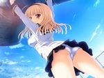  arshes_(yunibaru!) ass blonde_hair blush day fugetsu_taku game_cg hairband lifting long_hair long_sleeves looking_back outdoors panties red_eyes skirt solo underwear white_panties yunibaru! 