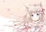  animal_ears blonde_hair blue_eyes cat_ears dress ech flower hair_flower hair_ornament hair_ribbon long_hair open_mouth original petals pink_dress pink_flower pink_rose ribbon rose scarf solo 