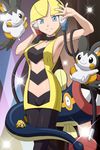  arm_up armpits black_legwear blonde_hair blue_eyes breasts eelektrik emolga gen_5_pokemon headphones joltik kamitsure_(pokemon) medium_breasts pantyhose pokemoa pokemon pokemon_(creature) pokemon_(game) pokemon_bw sleeveless underboob waist_cutout 