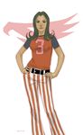  70s artist_name bellbottoms belt casual clothes_writing emblem gatchaman hands_on_hips insignia jun_the_swan long_hair oldschool pants phil_noto raglan_sleeves realistic science_fiction shirt simple_background smile solo striped striped_pants t-shirt vertical-striped_pants vertical_stripes white_background 