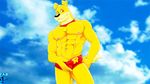  abs anthro biceps big_muscles black_nose brown_eyes bulge canine clothed clothing collar crotch_grab dog fabfelipe fur golden_retriever half-dressed hunter hunter_(road_rovers) looking_at_viewer male mammal muscles navel nipples pecs penis pose road_rovers sky solo speedo swimsuit teasing topless underwear yellow_fur 