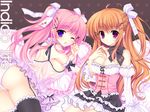  arm_garter asymmetrical_hair bed bow breasts cleavage garters hair_ornament hair_ribbon hairclip long_hair medium_breasts mitha multiple_girls one_eye_closed orange_hair original panties pink_eyes pink_hair purple_eyes ribbon see-through short_twintails side_ponytail twintails underwear wince 
