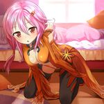  all_fours bed black_legwear blush bodysuit breasts buntan cleavage detached_sleeves guilty_crown hair_ornament hairpin hand_in_hair medium_breasts midriff open_mouth pillow pink_hair red_eyes skirt solo thighhighs window yuzuriha_inori 