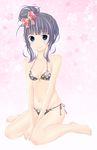  bangs bare_arms bare_shoulders barefoot bikini black_hair blue_eyes collarbone eyebrows_visible_through_hair full_body hair_bun highres looking_at_viewer mochi-pon navel original sitting smile solo swimsuit wariza 