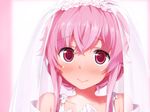  :&gt; bare_shoulders blush closed_mouth dress face gasai_yuno gloves hair_up kaisen_chuui mirai_nikki pink pink_eyes pink_hair sidelocks smile solo spoilers veil wedding_dress white_gloves 