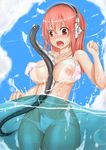  1girl bikini blue_sky blush breasts character_request cloud eel headphones highres long_hair nipples nitroplus nonoririn open_mouth red_eyes red_hair sky source_request super_sonico swimsuit tan tanline water 