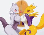  2011 big_breasts blue_eyes blush breasts canine cum cum_on_breasts cum_on_face cumshot digimon erection eyes_closed female fox human interspecies mewtwo orgasm penis plain_background pok&eacute;mon renamon smile sssonic2 tail white_background 