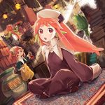  animal_ears beaker book book_stack carpet comayu dutch_angle erlenmeyer_flask flask floating gangafr_fantasy hat herb_bundle indian_style jar ladder lily_(gangafr_fantasy) long_hair long_sleeves multiple_girls open_mouth red_eyes red_hair sitting sleeves_past_wrists witch 