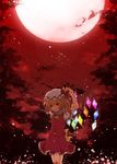  aoi_(annbi) arms_up ascot blonde_hair bow flandre_scarlet full_moon glowing glowing_wings hat hat_bow highres light_particles moon open_mouth red_eyes red_moon red_sky short_hair side_ponytail skirt skirt_set sky smirk solo touhou wings 