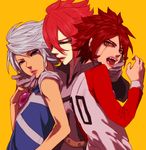  bad_id bad_pixiv_id fangs gloves green_eyes inazuma_eleven inazuma_eleven_(series) kiyama_hiroto kyoji_(tmtrymetm) lips male_focus multiple_boys nagumo_haruya open_mouth orange_background red_hair simple_background suzuno_fuusuke yellow_eyes 