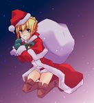  ahoge bag blonde_hair boots cape christmas fate/extra fate_(series) green_eyes hat mittens nero_claudius_(fate) nero_claudius_(fate)_(all) santa_costume santa_hat shorts solo thigh_boots thighhighs yuino_(knotes) 