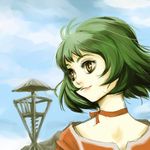  blue_background brown_eyes choker face farah_oersted green_hair red_choker short_hair smile solo tales_of_(series) tales_of_eternia zanpan526 