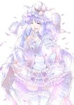  alternate_costume bad_id bad_pixiv_id blush closed_eyes crescent dress frills happy hat highres long_hair open_mouth patchouli_knowledge petals purple_hair shunsuke smile solo sparkle steepled_fingers thighhighs too_many too_many_frills touhou very_long_hair white_legwear 