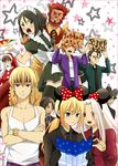  6+boys animal_ears artoria_pendragon_(all) bad_id bad_pixiv_id bag beard blush cat_ears crossdressing emiya_kiritsugu facial_hair fate/zero fate_(series) food formal gilgamesh haguo_yuu headband irisviel_von_einzbern kotomine_kirei lancer_(fate/zero) maid maid_headdress mickey_mouse_ears mouse_ears multiple_boys multiple_girls omurice otoko_no_ko rider_(fate/zero) saber santa_costume striped striped_legwear suit tank_top tears thighhighs toosaka_tokiomi uryuu_ryuunosuke vertical-striped_legwear vertical_stripes waver_velvet 