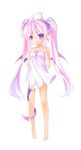  ahoge bare_shoulders barefoot bat_wings demon_girl demon_tail full_body highres long_hair looking_at_viewer mofetousu_furuna original pink_hair pointy_ears purple_eyes saru see-through simple_background solo tail twintails wings 