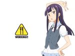  arm_up artist_request bangs blue_eyes blunt_bangs bow bowtie dress_shirt frills hand_on_hip logo long_hair looking_at_viewer official_art purple_hair shirt short_sleeves simple_background solo standing tsurime v vest white_background working!! yamada_aoi 