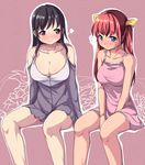  bare_legs bare_shoulders black_hair blue_eyes blush bracelet breasts cleavage collarbone hair_ribbon jewelry large_breasts long_hair long_sleeves multiple_girls original red_eyes red_hair ribbon saiste simple_background sitting sleeveless smile strap twintails 