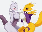  &hearts; 2011 big_breasts black_nose blue_eyes blush breast_squish breasts canine chest_tuft digimon elbow_gloves facial_markings female fox gloves kneeling leg_markings looking_at_viewer markings mewtwo nude plain_background purple purple_eyes renamon smile sssonic2 tail thighs tuft voluptuous white white_background yellow 