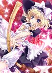  bamboo_broom blonde_hair bloomers blue_eyes bow braid broom dress grin hair_bow hand_on_headwear hat kirisame_marisa open_mouth ryuuga_shou short_hair side_braid smile solo star touhou underwear witch_hat 