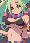  9law :o armlet bare_shoulders blush breasts cardfight!!_vanguard cleavage forehead_jewel green_eyes green_hair heterochromia jumping_jill large_breasts long_hair md5_mismatch midriff navel orange_eyes scarf solo tan underboob 