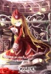  blonde_hair book bug butterfly checkered checkered_floor copyright_name dress expressionless flower gosick green_eyes hat insect lolita_fashion long_hair red_dress rose sitting solo victorica_de_blois wangchuan_de_quanyan 
