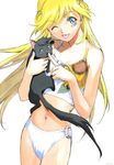  ;p bikini bikini_bottom blonde_hair blue_eyes cat cleo_everlastin highres kusaka_yuuya leki long_hair majutsushi_orphen midriff one_eye_closed scan swimsuit tank_top tongue tongue_out 